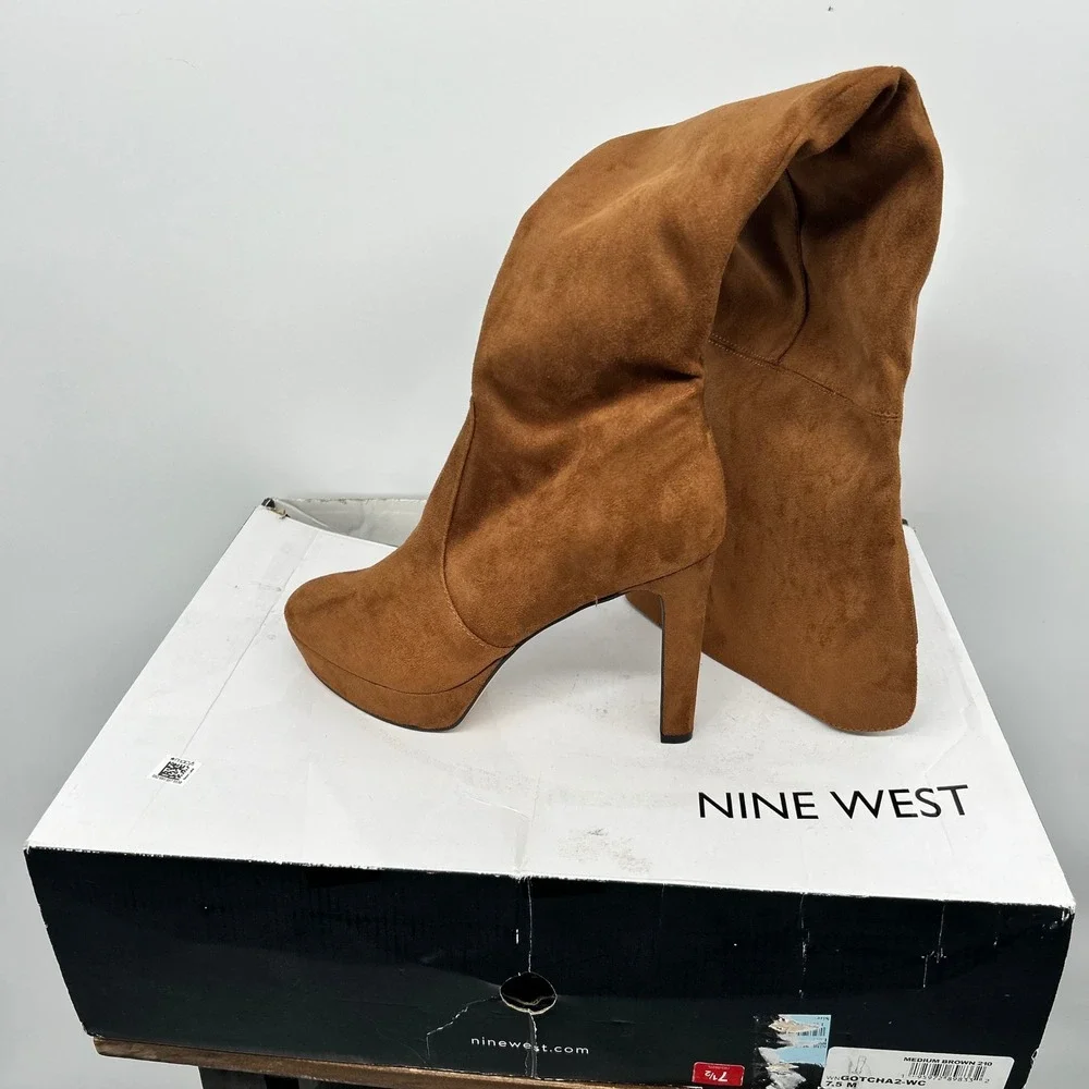 Nine West Cognac Brown Faux Suede Over The Knee Platform Boots Wide Calf 7.5M-WC